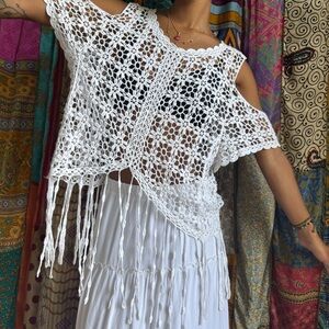 White Crochet Fringe Top
